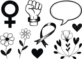 Feminist symbols female sign raised fist speech bubble flowers and ribbon