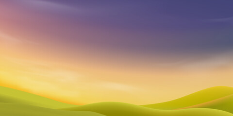 Sunset sky,clouds over landscape of green hills for Spring season,Horizon peaceful scenic moutain layer on yellow sunrise sky background,Vector Nature design for eco website headers,inspiration visual