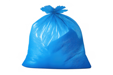 Blue plastic trash bag tied and full of waste, symbolizing disposal, sanitation, and collection. Transparent background