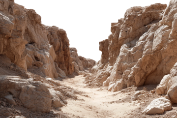 Hiking trail through rugged desert canyon isolated on transparent background