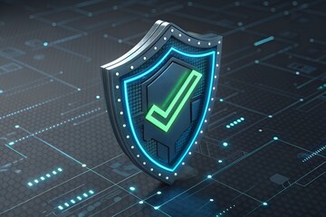 Digital security shield featuring a bright neon green checkmark prominently displayed against a dark background of glowing technological circuits representing successful data protection and verified s