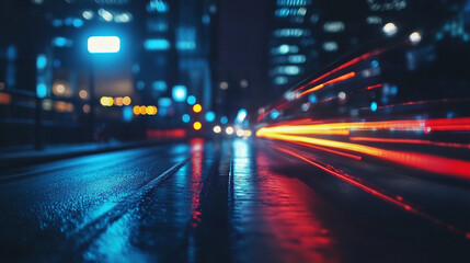 Blurry lights of fast-moving cars streak across a city road at night, creating vibrant urban light trails that capture motion, energy, and the dynamic pulse of nighttime city life