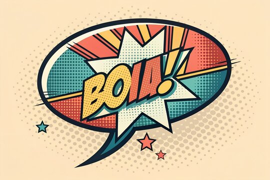 Retro comic book style speech bubble graphic loudly exclaiming the Spanish onomatopoeia word bola with vibrant contrasting colors and halftone dot patterns creating dynamic visual impact for pop art d - Powered by Adobe