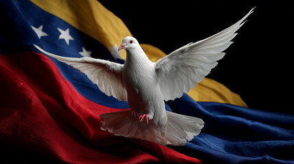 A white dove, symbol of peace, rests on the flag of Venezuela