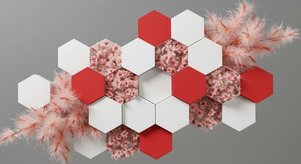 red white hexagons with pink flowers and leaves on gray background