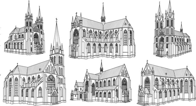 Black and white line art vector illustration set of majestic Gothic cathedrals and historic church buildings with tall spires and detailed facades.