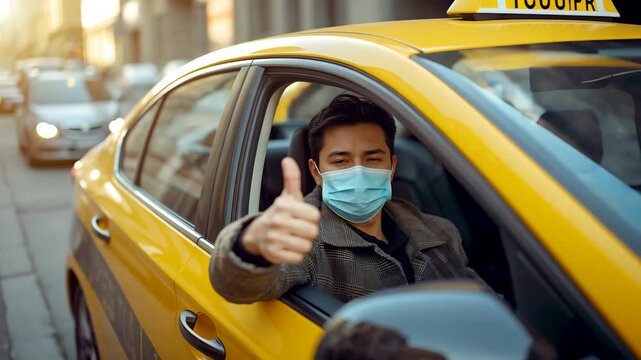 Taxi passenger wearing face mask giving thumbs up through open car window