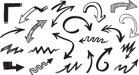 Fototapeta premium A collection of hand-drawn arrows in various styles and directions, including curved, zigzag, wavy, and straight designs.