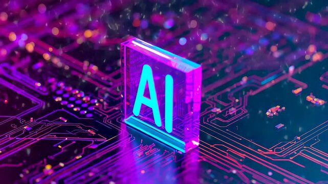 Glowing AI letters emerging from colorful circuit board digital background