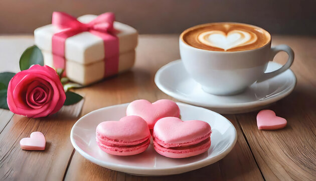 Romantic Valentines Day Breakfast with Coffee and Pink Macarons