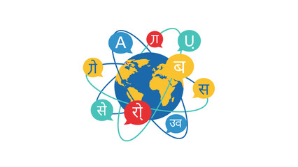 Global Communication Concept: Earth surrounded by speech bubbles with diverse languages and characters © sari