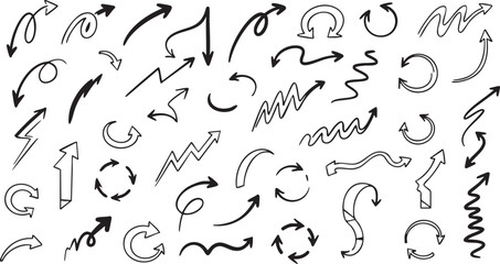 A large collection of hand-drawn doodle arrows in various styles and directions, isolated on a white background, perfect for design elements.