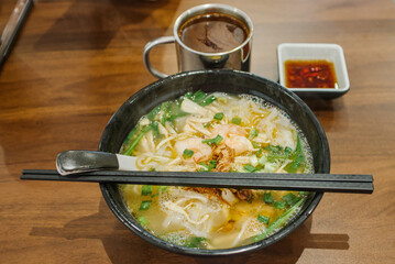 Authentic Malaysian Kai See Hor Fun, Ipoh Shredded Chicken Rice Noodle Soup with Prawns and Chili Sauce