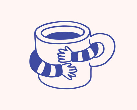 Concept character of human's hands hugging coffee, caffeine addicted character. Coffee illustration or icon. Cafe and coffeeshop design. Modern minimalist flat vector art. Perfect for coffee stores.