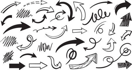 Diverse collection of hand-drawn arrows in various styles, directions, and shapes, isolated on a clean white background.
