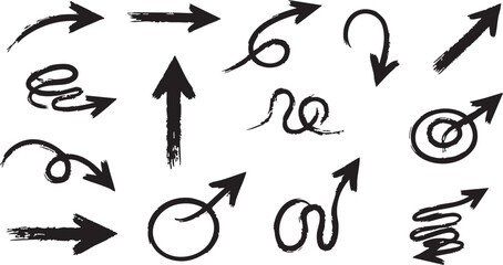 A diverse collection of hand-drawn black arrows with grunge textures, pointing in various directions.