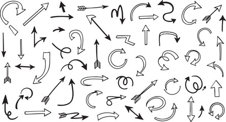 A large collection of hand-drawn doodle arrows in various styles and directions on a white background, illustrating movement and navigation.