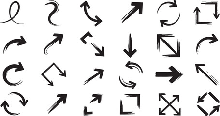 A set of various hand-drawn style black arrows with brush stroke textures, indicating direction, rotation, and expansion.
