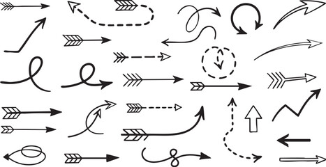 A collection of various hand-drawn doodle arrows in different styles and directions on a white background.