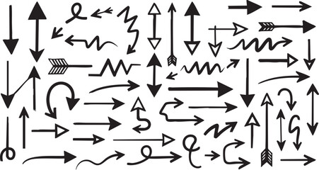 A diverse collection of hand-drawn black arrows pointing in various directions, showcasing different styles and shapes on a white background.