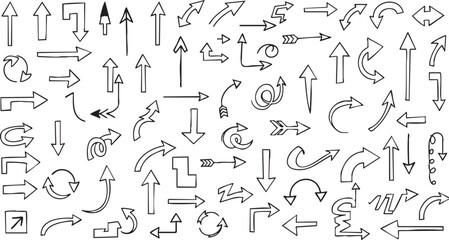 A diverse collection of hand-drawn black arrows pointing in various directions, showcasing different styles and shapes on a white background.