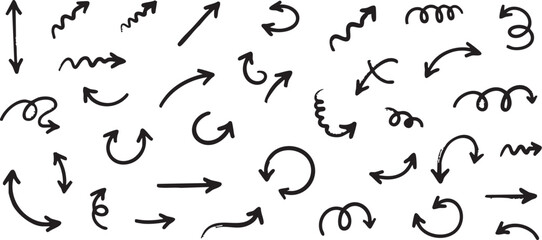 A diverse collection of hand-drawn black arrows in various styles and directions on a white background.