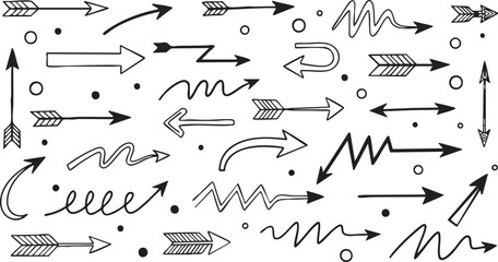 A diverse collection of hand-drawn black arrows pointing in various directions, showcasing different styles and shapes on a white background.