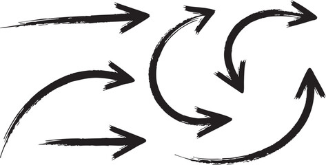 Collection of hand-drawn black brush stroke arrows pointing in various directions, including straight, curved, and circular paths, on a white background.