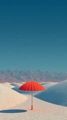 A vibrant red umbrella provides a striking contrast against the expansive white desert dunes under a clear, cloudless blue sky with distant mountains in the horizon.