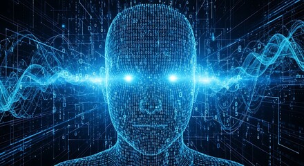 Digital consciousness emerges from streams of flowing binary data in a futuristic interface