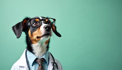 Dog wears glasses, stethoscope, doctor attire including shirt, tie, lab coat against light green background. Animal looks intelligent, pro, suggesting expertise in pet care or veterinary medicine.