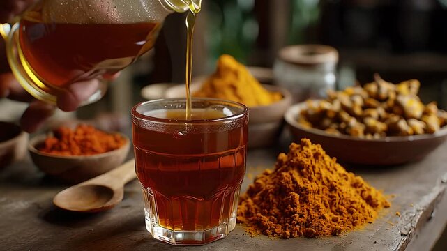 Golden elixir liquid gold being poured into a glass, surrounded by vibrant turmeric and spices