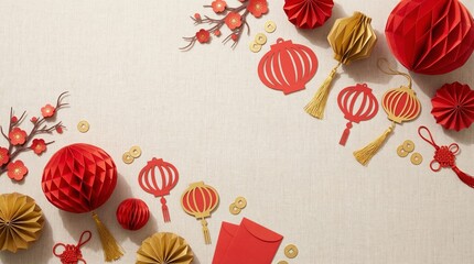 lunar new year flat lay with red paper lanterns and ornaments