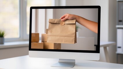 Hand holding paper bag through computer screen, illustrating online order delivery, courier service, e-commerce, and fast internet shopping