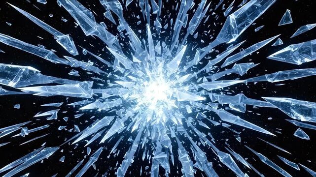 A dynamic and explosive burst of sharp, crystalline ice fragments radiating outwards from a central bright light