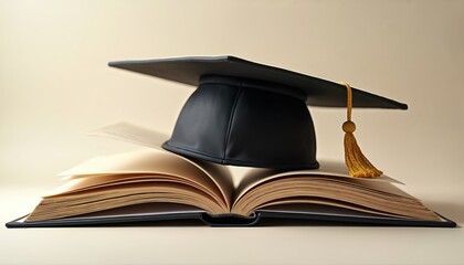 Black graduation cap rests on open book. Academic achievement concept. Graduation, education, study, and learning symbol. Success, wisdom, and intellect.