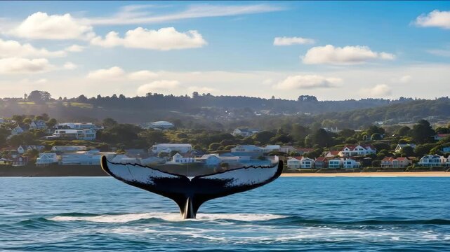 A whale's magnificent fluke emerges from the ocean near a coastal town on a bright day
