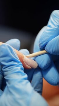 Using an orange stick, the specialist carefully pushes the cuticle away from the nail. High quality 4k footage
