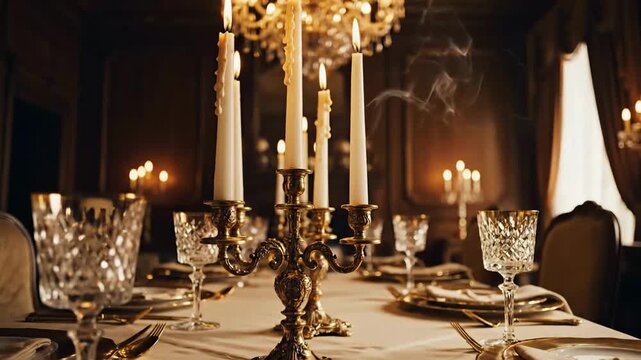 Elegant Dining Room Setup With Antique Golden Candlesticks And Refined Crystal Goblets