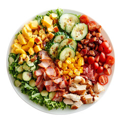 A fresh and colorful salad with various ingredients arranged on a plate, ready to be enjoyed. The salad looks healthy and delicious.
