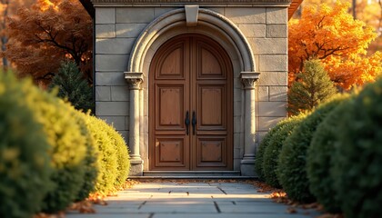 Grand wooden doorway framed by autumn foliage. Stone pillars support ornate archway leading to building entrance. Sunlight casts long shadows on pathway lined with manicured hedges and fallen leaves.