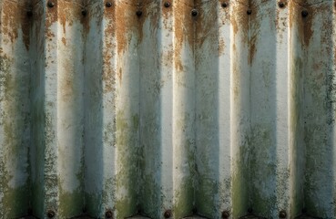Obraz premium Corrugated metal surface with rust and green algae stains shows weathered texture. This backdrop features vertical ridges, rough concrete material and distressed fasteners.
