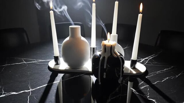 Elegant Dining Scene With Candles And Decorative Objects On A Dark Marble Table