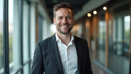 Fototapeta premium Smiling man in dark suit and white shirt walks indoors near large window. Confident businessman in modern office hallway. Pro male executive looks ahead. Career success concept.