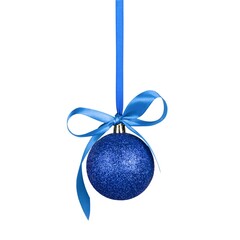 Blue Christmas ornament on a ribbon isolated on a white background