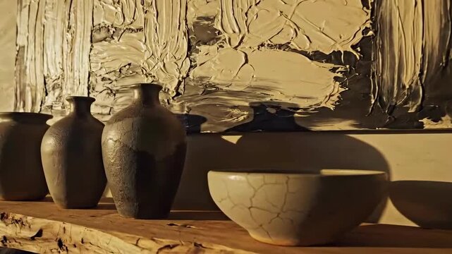 Earthen Vessels On Rustic Ledge, Abstract Art Backdrop, Minimalist Home Decor With Warm Lighting