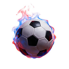 Fototapeta premium Black and white soccer ball engulfed in red and blue flames.