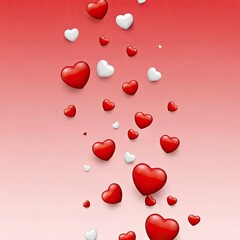 Obraz premium A vibrant background featuring numerous glossy red and white three-dimensional hearts floating upwards or falling downwards on a gradient red and pink backdrop, symbolizing love and romance.