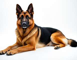 Purebred German Shepherd dog rests calmly on clean white studio background. Intelligent loyal canine with brown black, gold fur looks attentively into camera, majestic appearance, gentle nature. Dog