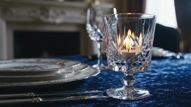 Elegant Dining Table Setting With Crystal Glassware And Candlelight In Luxurious Setting